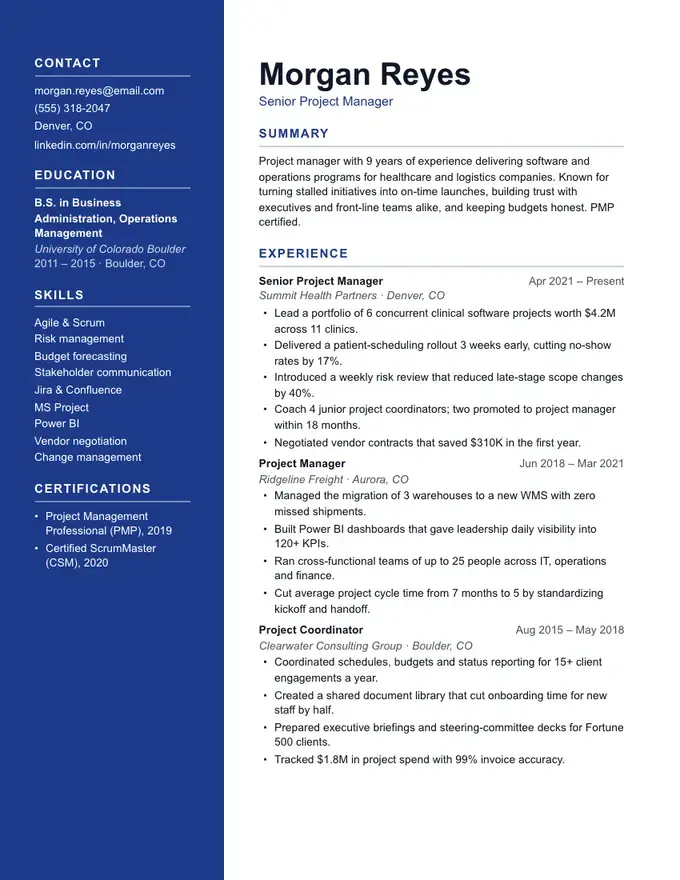 Anchor resume template, solid colour sidebar, two-column layout