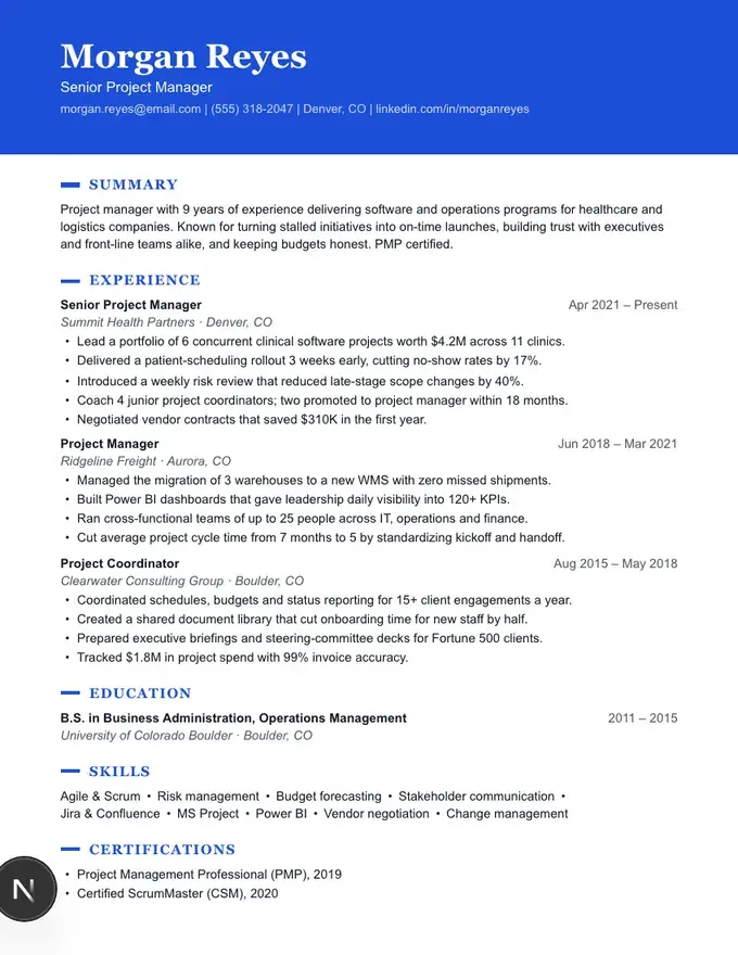 Banner resume template, colour header, one column, one-column layout