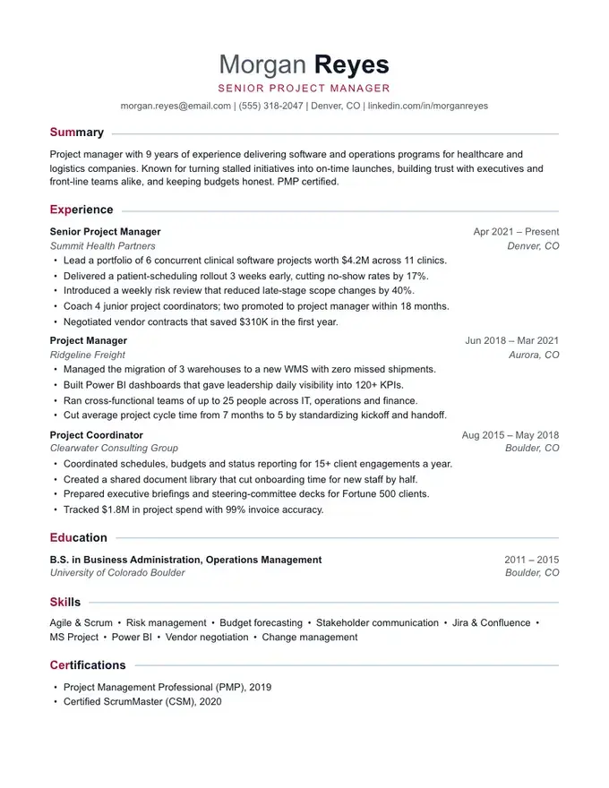 Beacon resume template, polished with a confident accent, one-column layout
