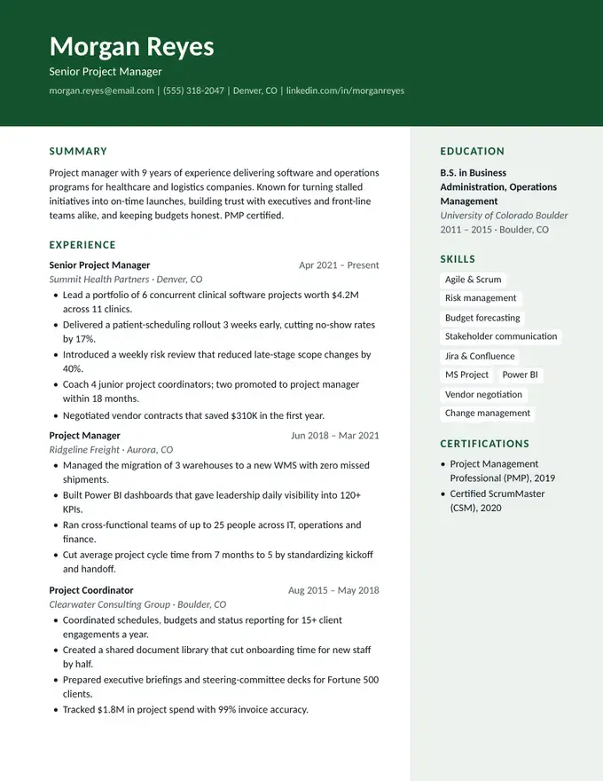 Crest resume template, colour header, tinted sidebar, two-column layout