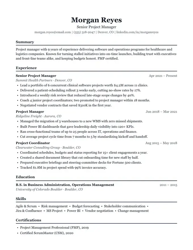 Harbor resume template, classic and centered, one-column layout