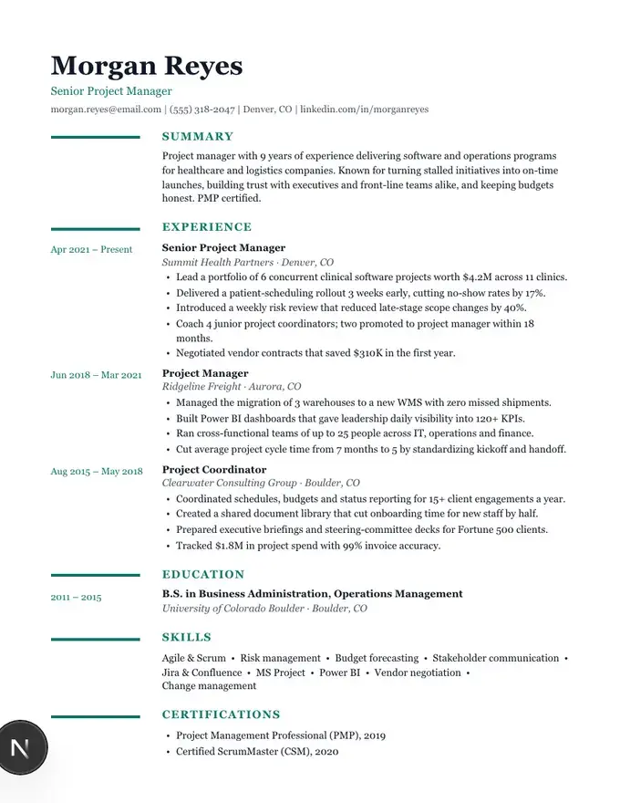 Ledger resume template, dates in the margin, two-column layout