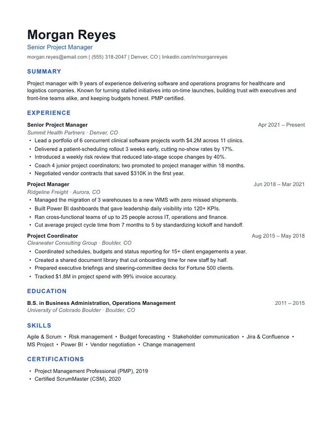 Meridian resume template, modern with a blue accent, one-column layout