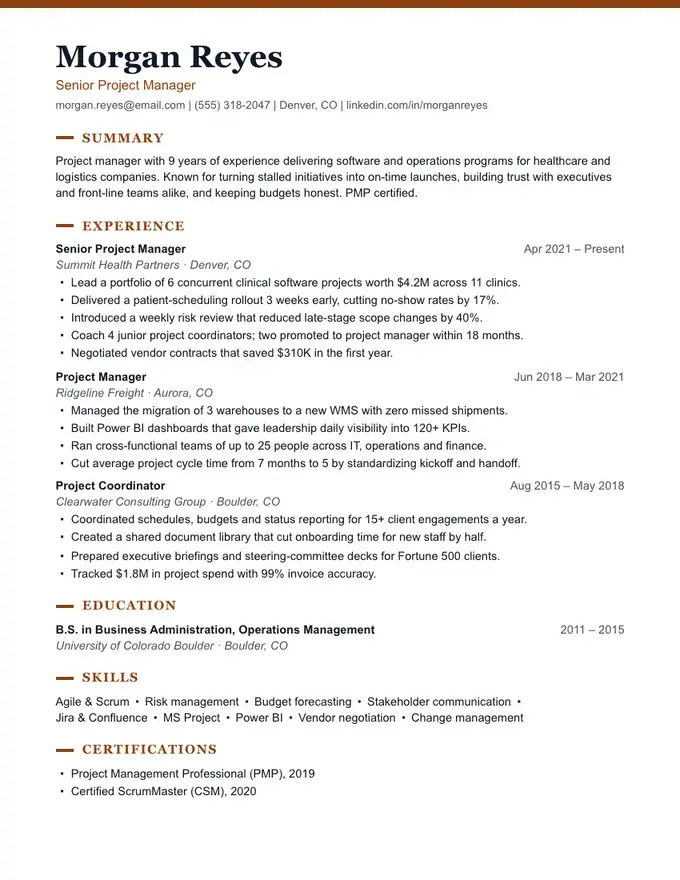 Regent resume template, executive with a strong header, one-column layout