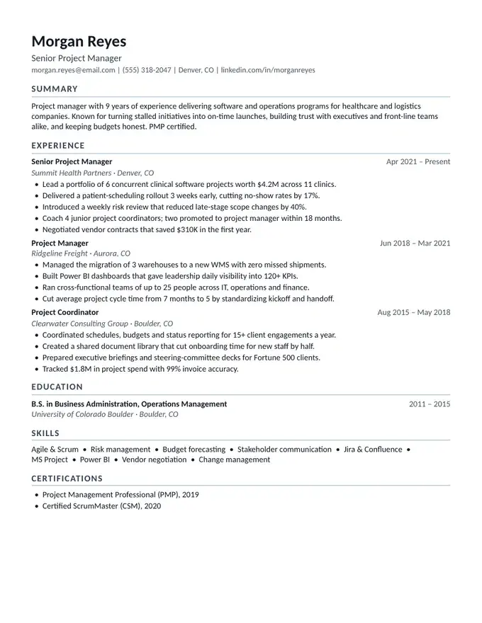 Slate resume template, simple and compact, one-column layout