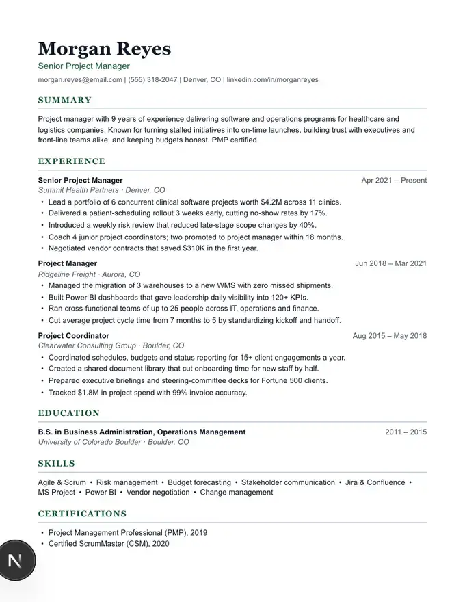 Summit resume template, executive and understated, one-column layout