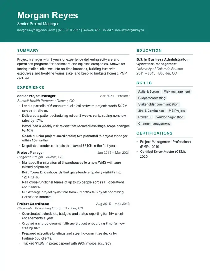 Vista resume template, bold header, right sidebar, two-column layout